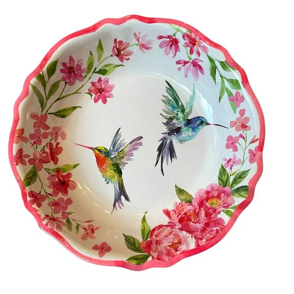 Soho Loft Hummingbird Pink Floral Melamine Serving Bowl 14" Round Scalloped New - Picture 8 of 10